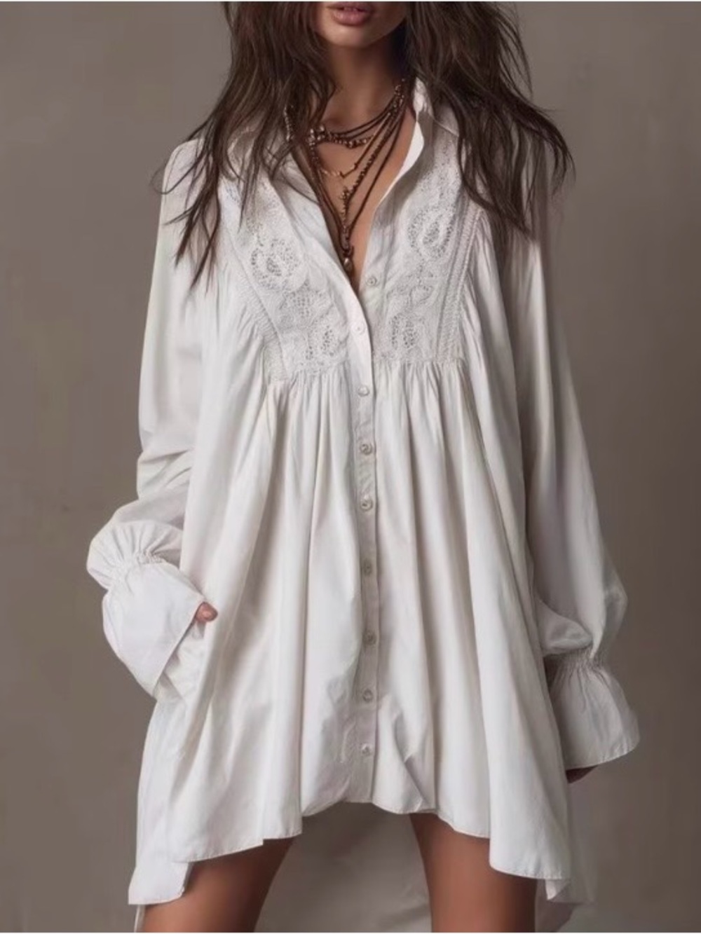 Beautiful White Eyelet High/Low Button-Up Tunic Dress - Picture 2 of 15
